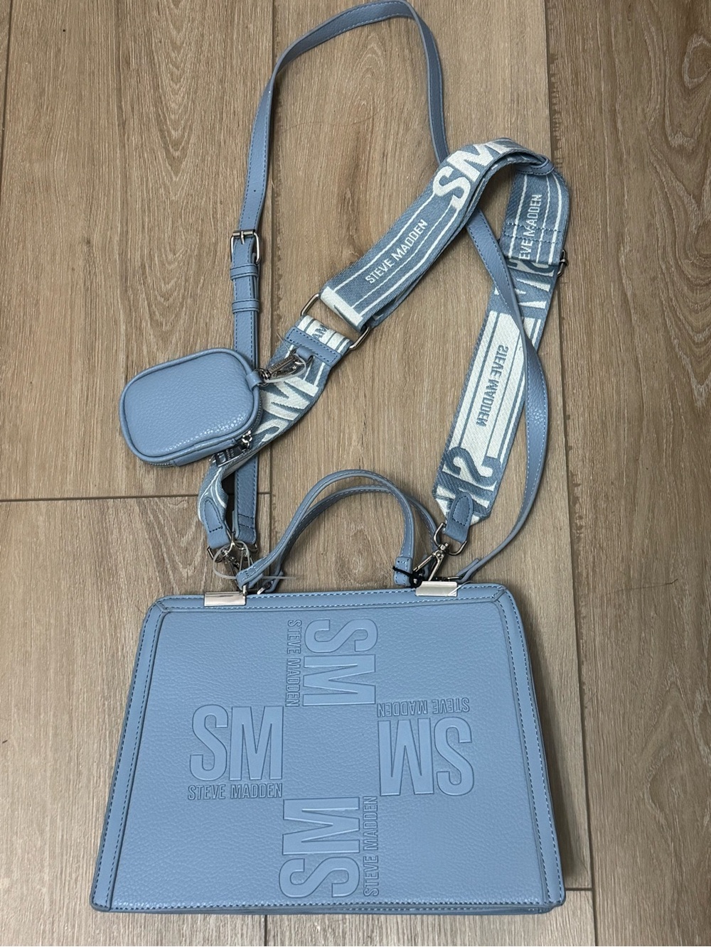 Steve Madden Light Blue Embossed Logo Satchel with Branded Strap